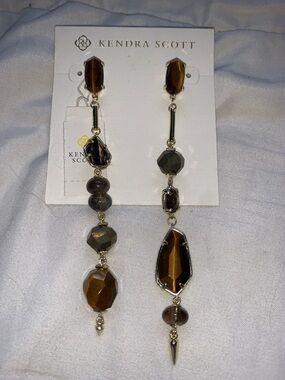 KENDRA SCOTT NWT Cosette Tiger Eye Pyrite Asymmetrical Mismatch Dangle Earrings